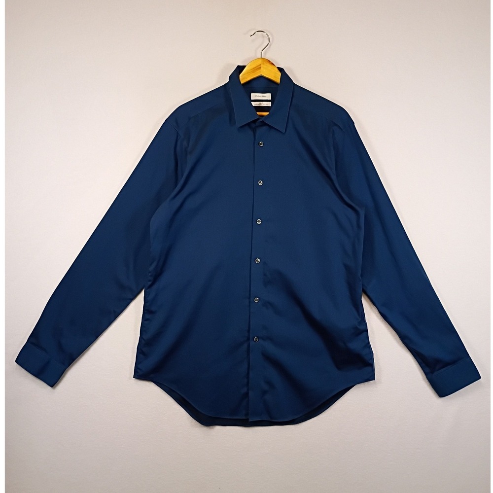 Professional Calvin Klein Mens 16.5 34/35 Blue Slim Fit Non-Iron Dress Shirt